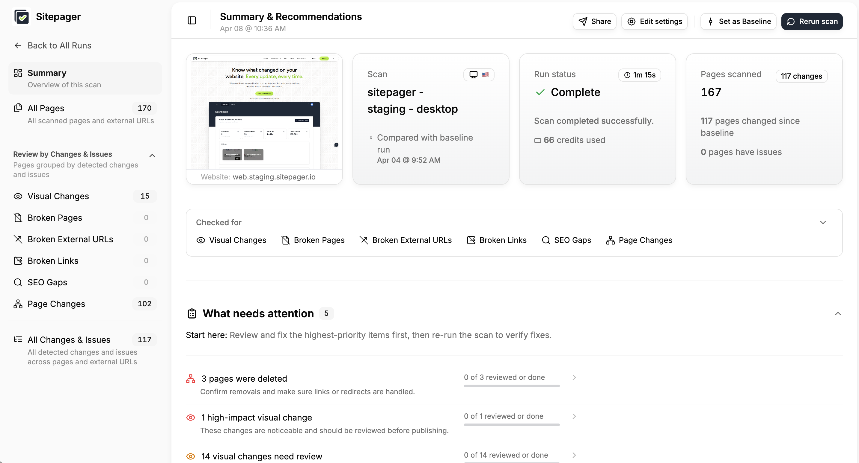 Sitepager shareable report showing visual changes, SEO issues, and broken links