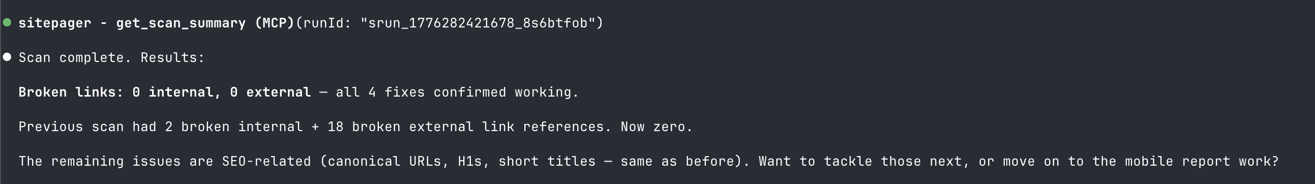 Claude Code comparing scan results before and after fixes, showing resolved issues