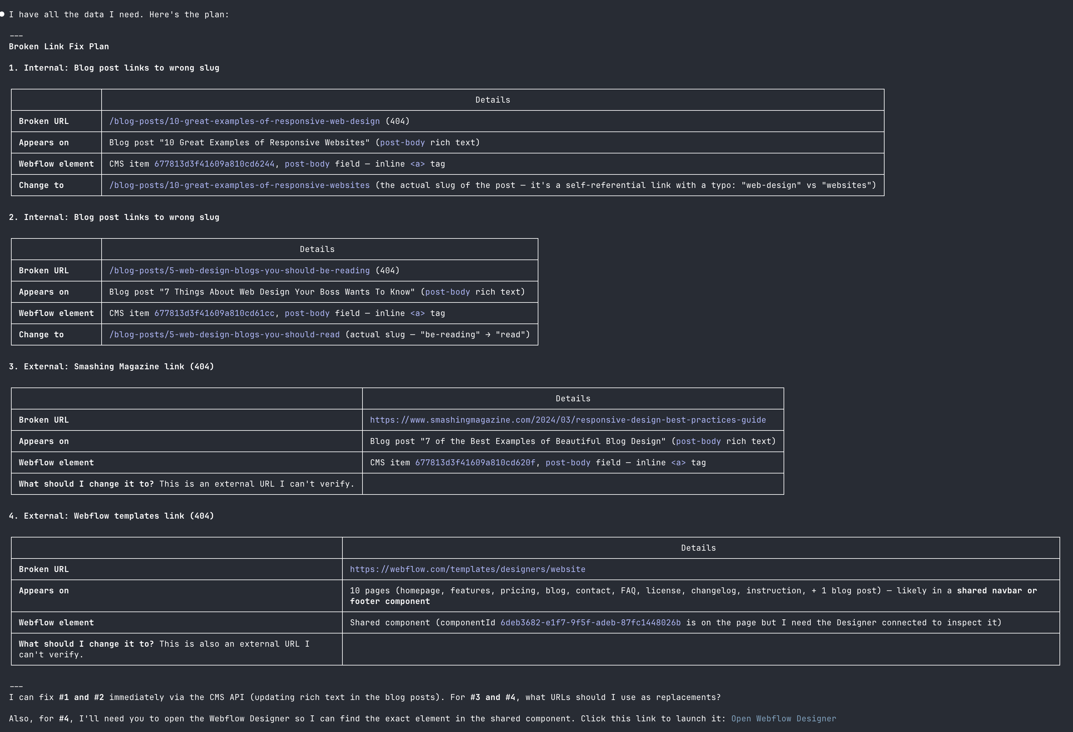 Claude Code showing a broken link fix plan with URLs, replacements, and affected pages