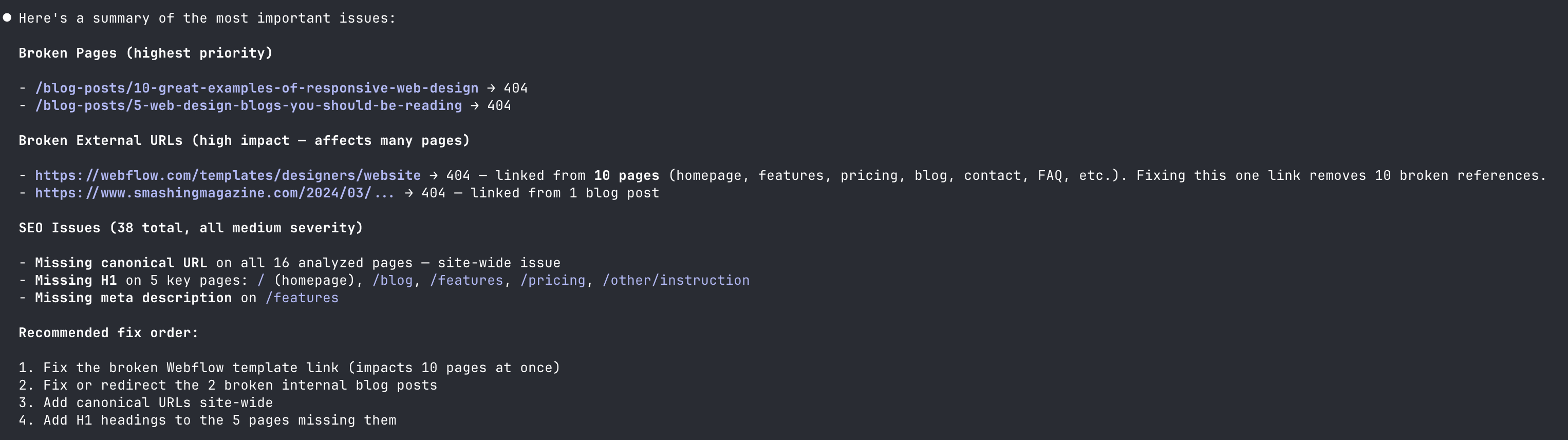 Claude Code showing prioritized issue summary with breakdown by severity