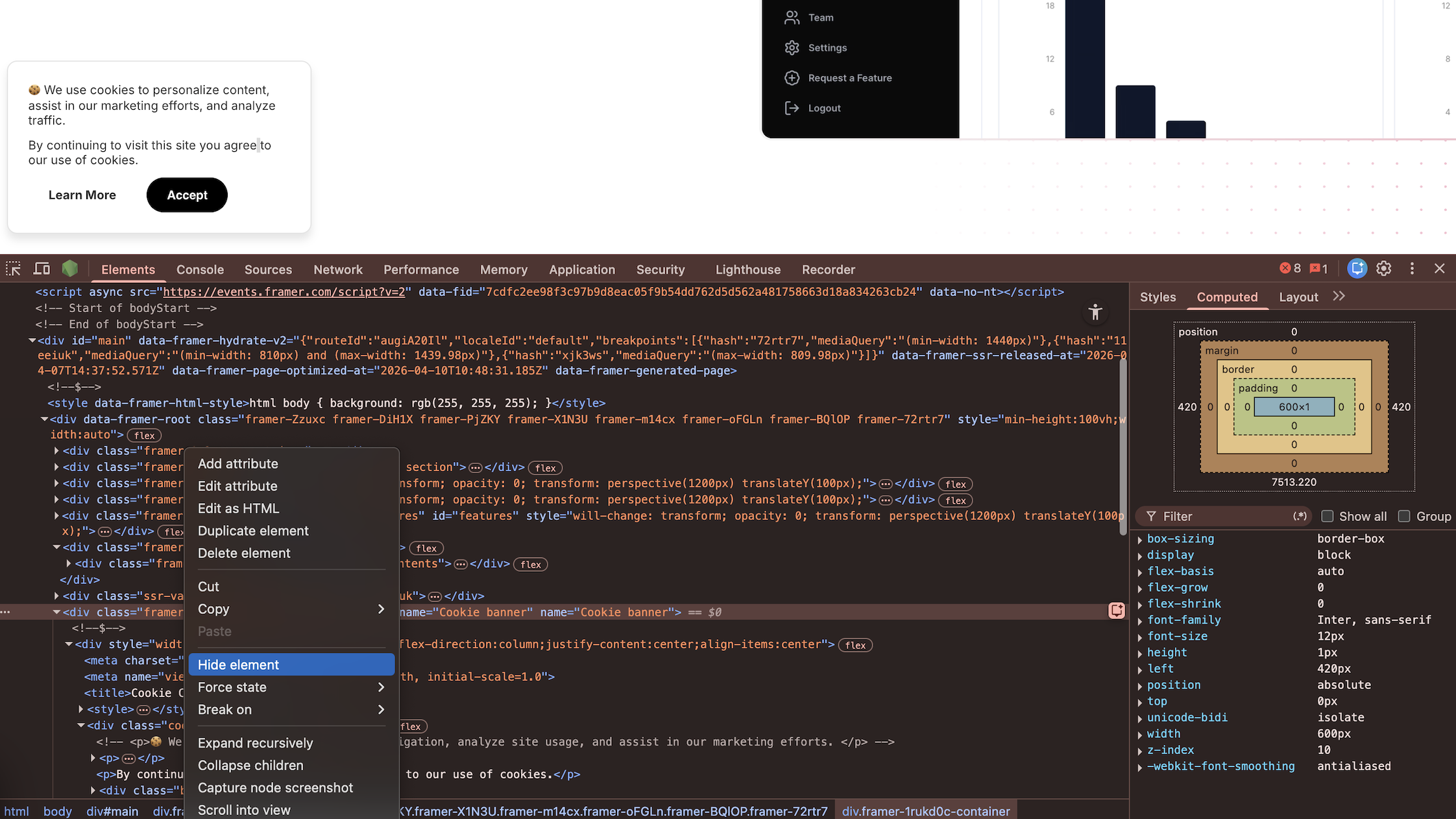 Chrome DevTools with right-click menu open, Hide element highlighted, and cookie banner no longer visible