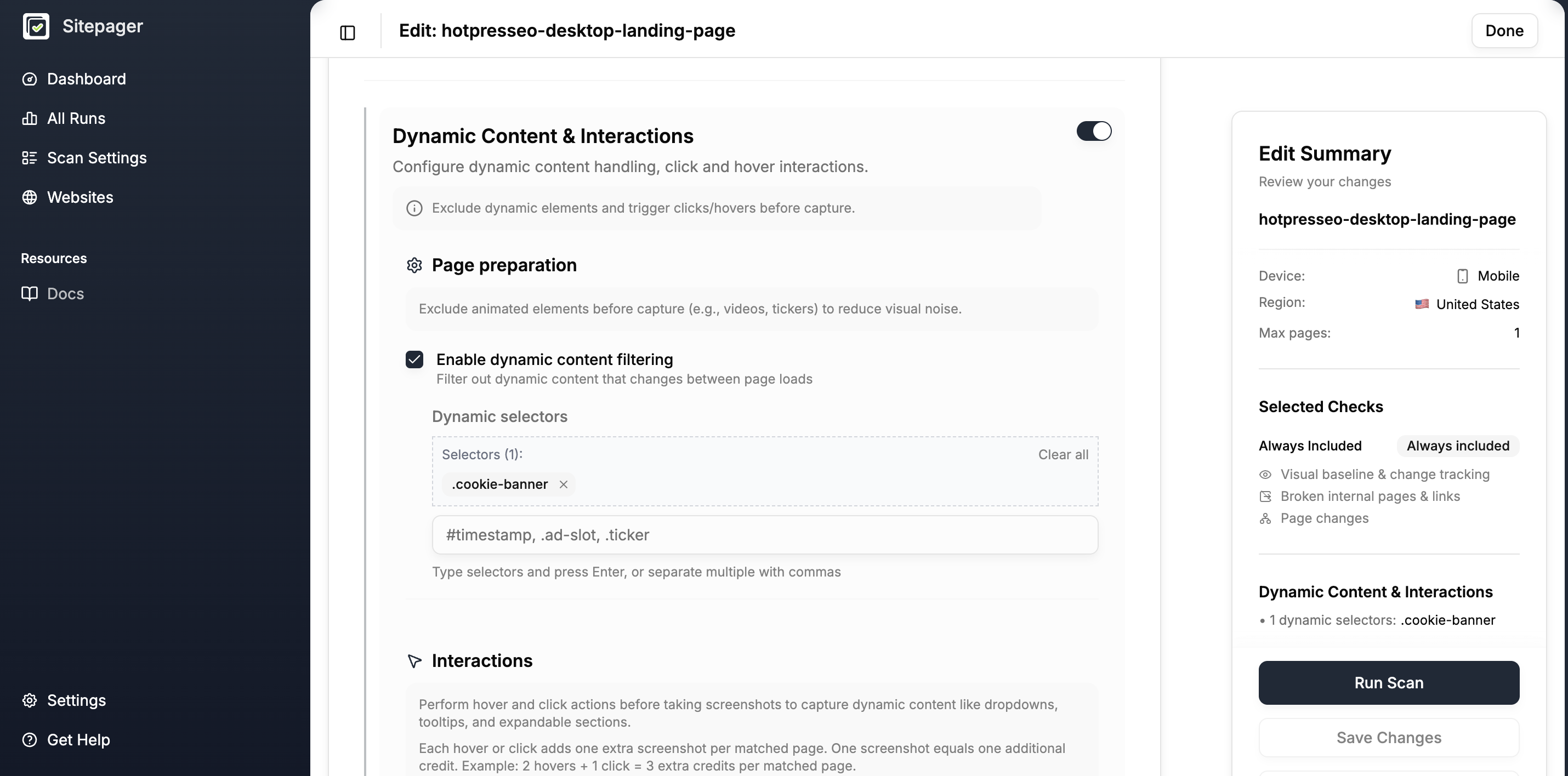 Sitepager scan settings showing the Dynamic selectors field under Page preparation with a cookie banner selector entered
