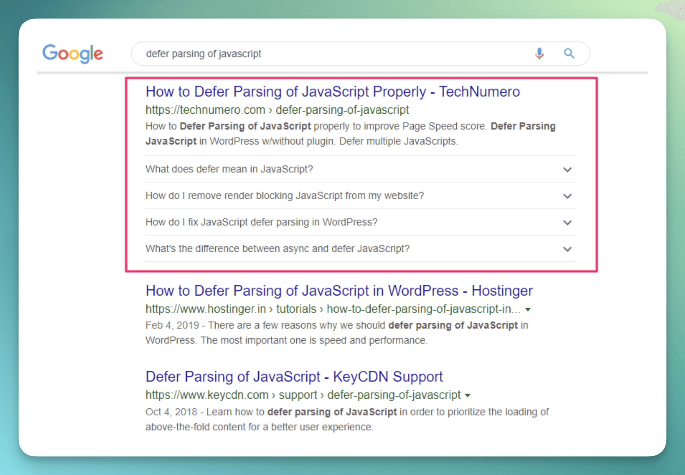 Google search result showing FAQ rich results with expandable questions