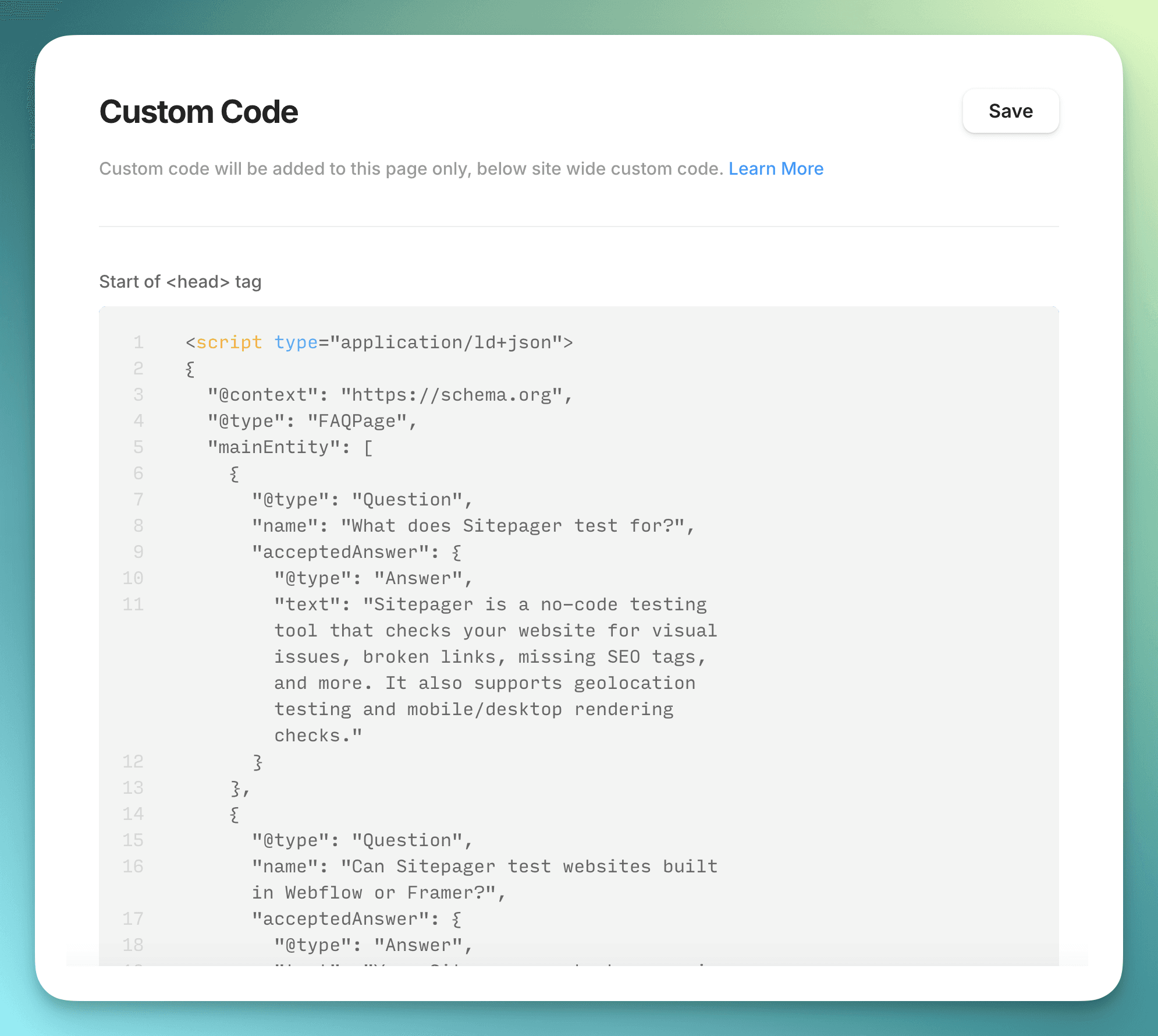 Adding FAQ schema in Framer using the custom code at start of head tag