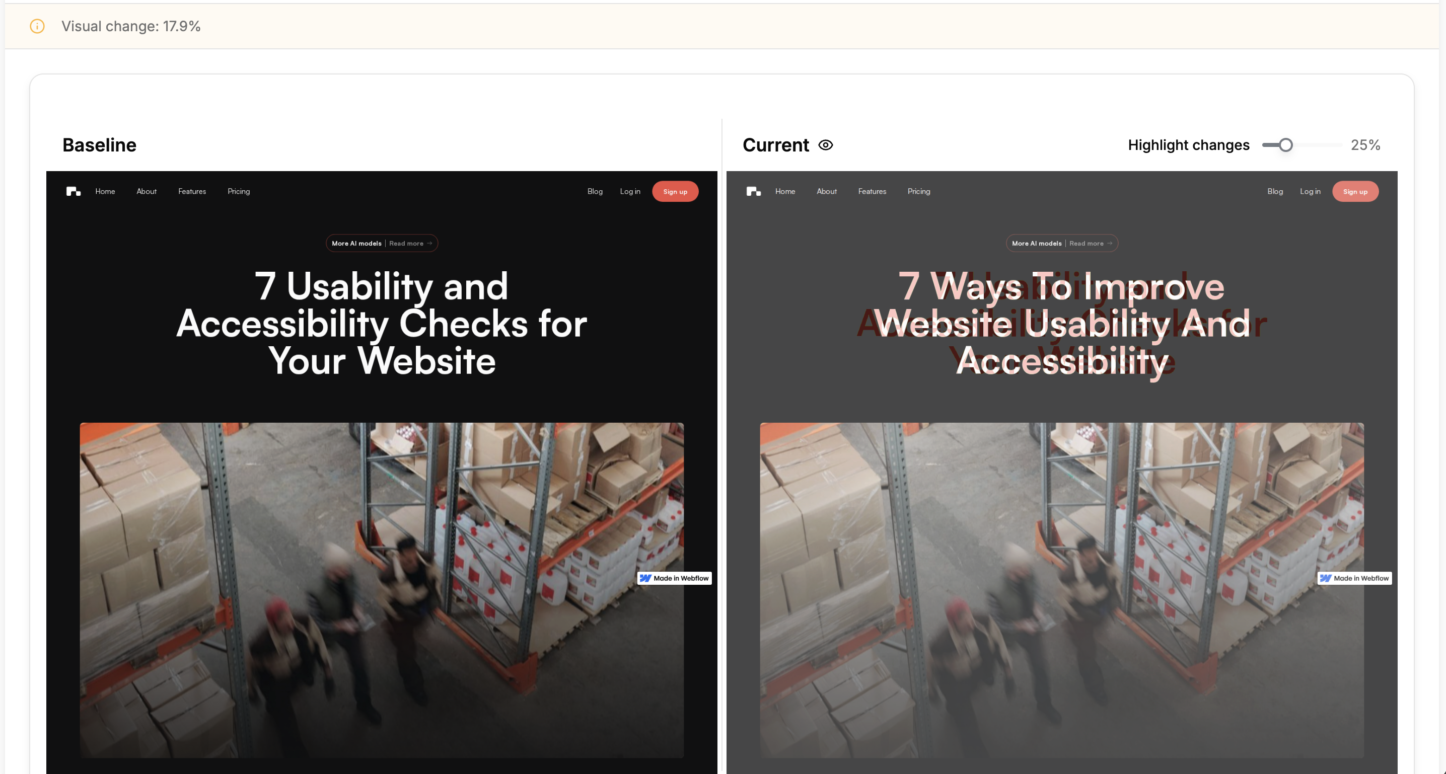 Sitepager highlighting visual differences between baseline and current version