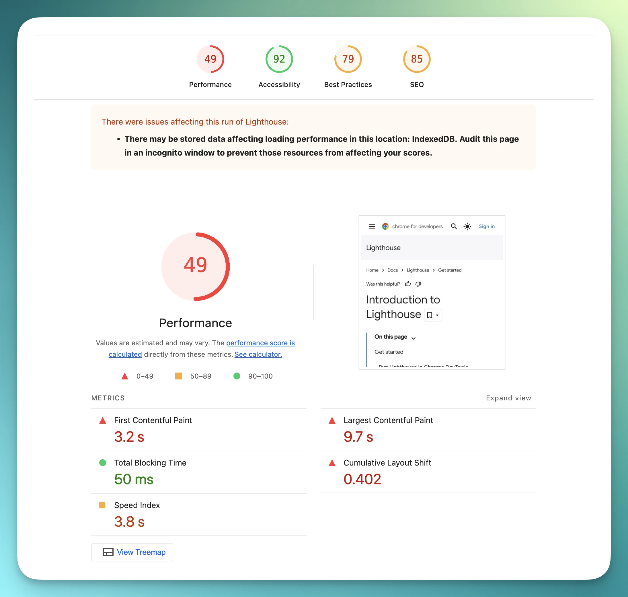 Lighthouse audit report showing performance score of 49 with Core Web Vitals metrics