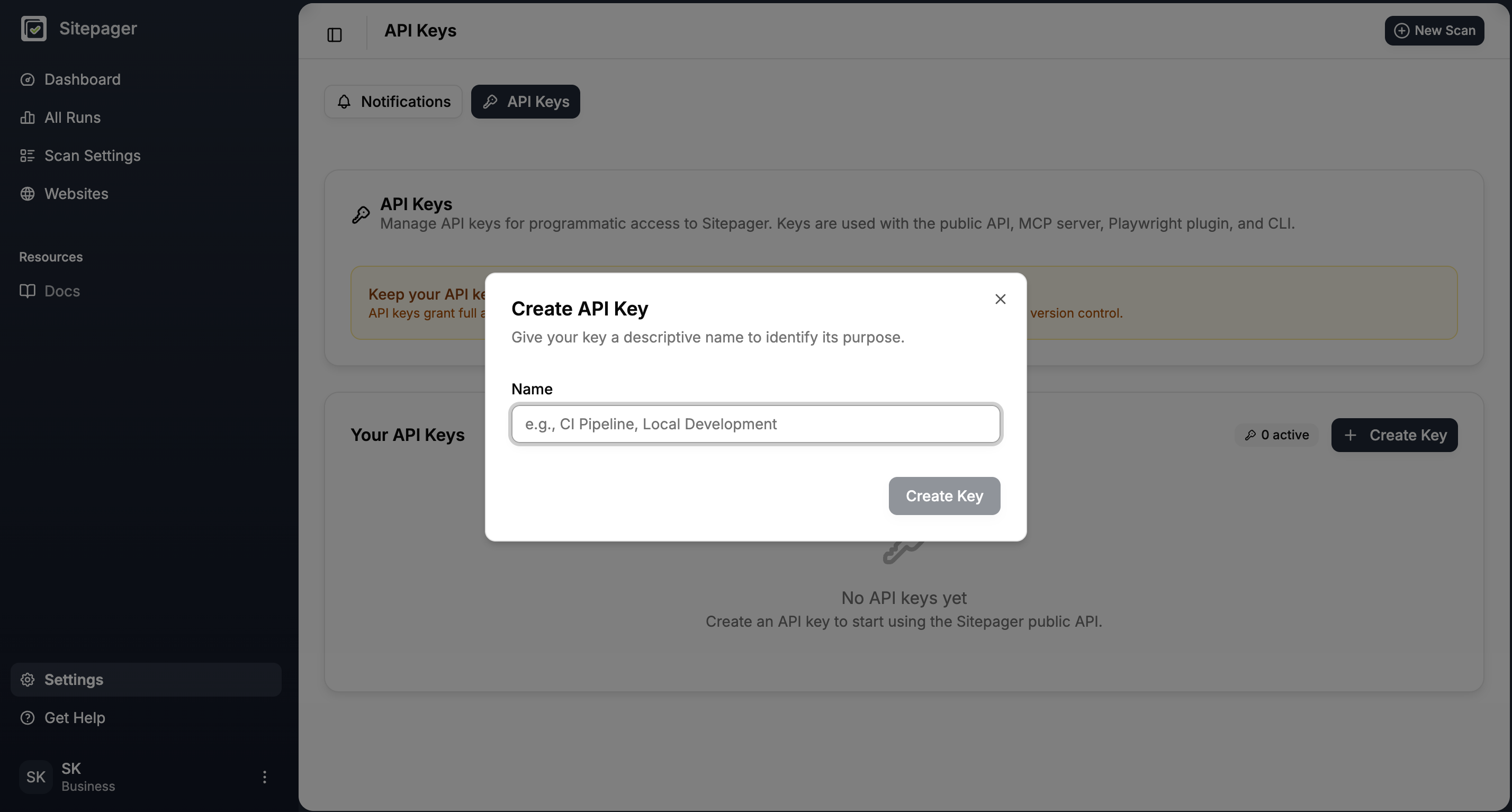 Sitepager Settings showing API Keys section
