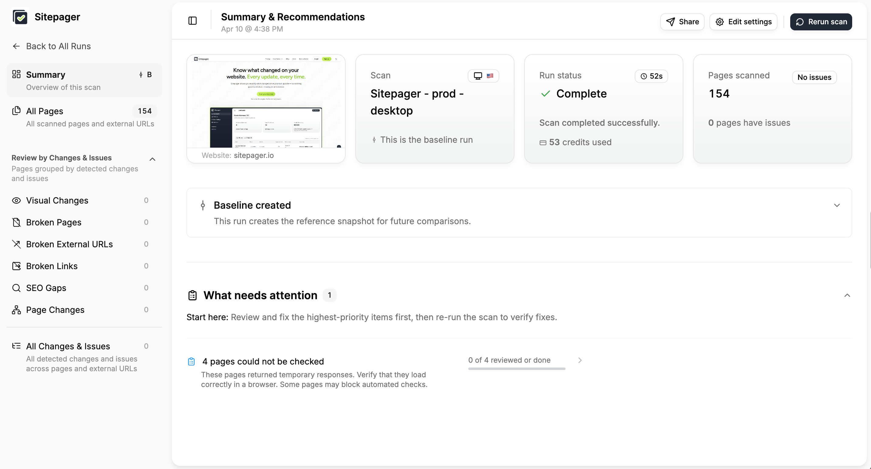 Production scan summary showing Baseline created, No issues, 154 pages scanned, and 4 pages that could not be checked