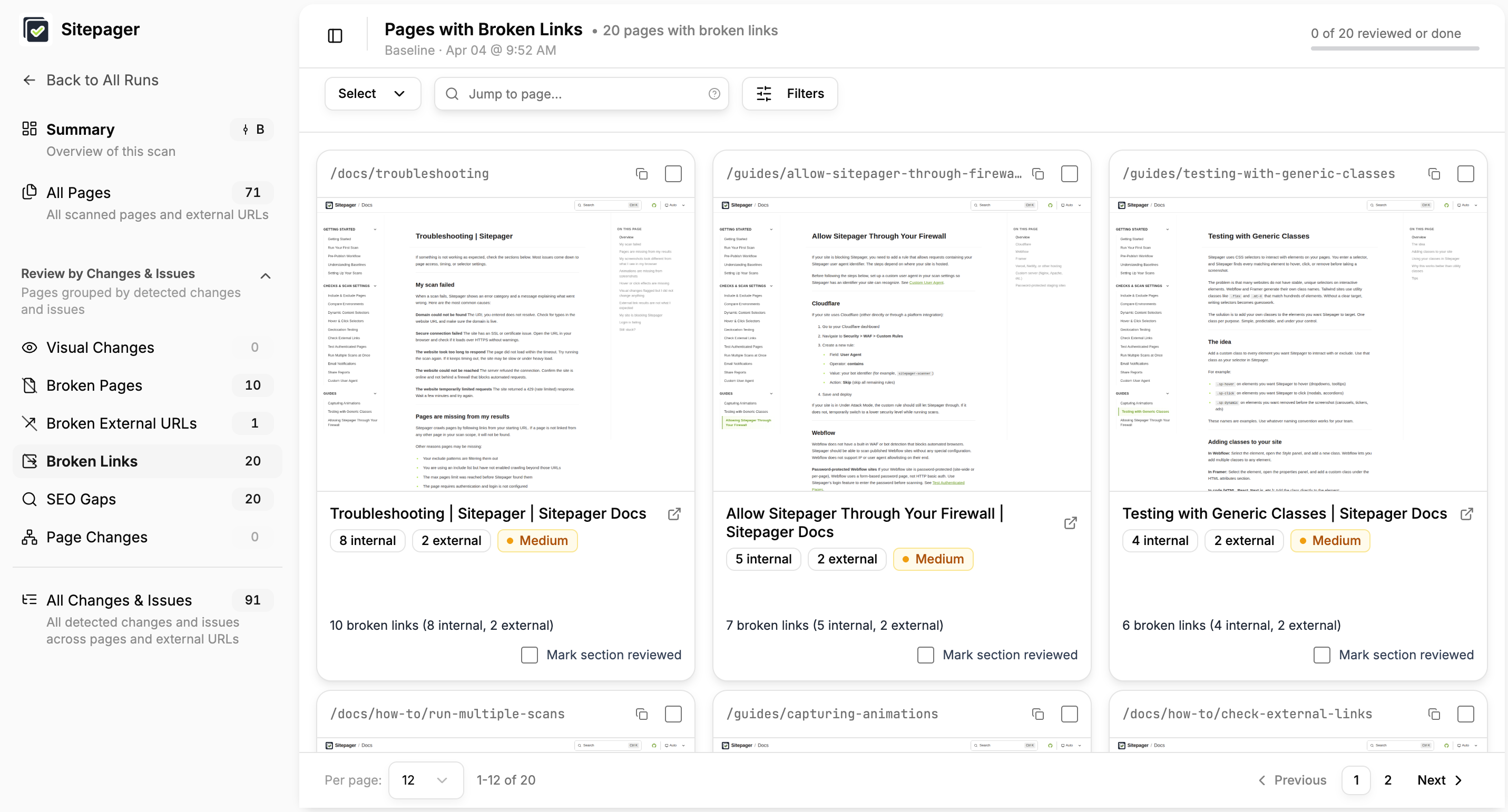 Broken links report showing pages with broken internal and external links from the staging scan