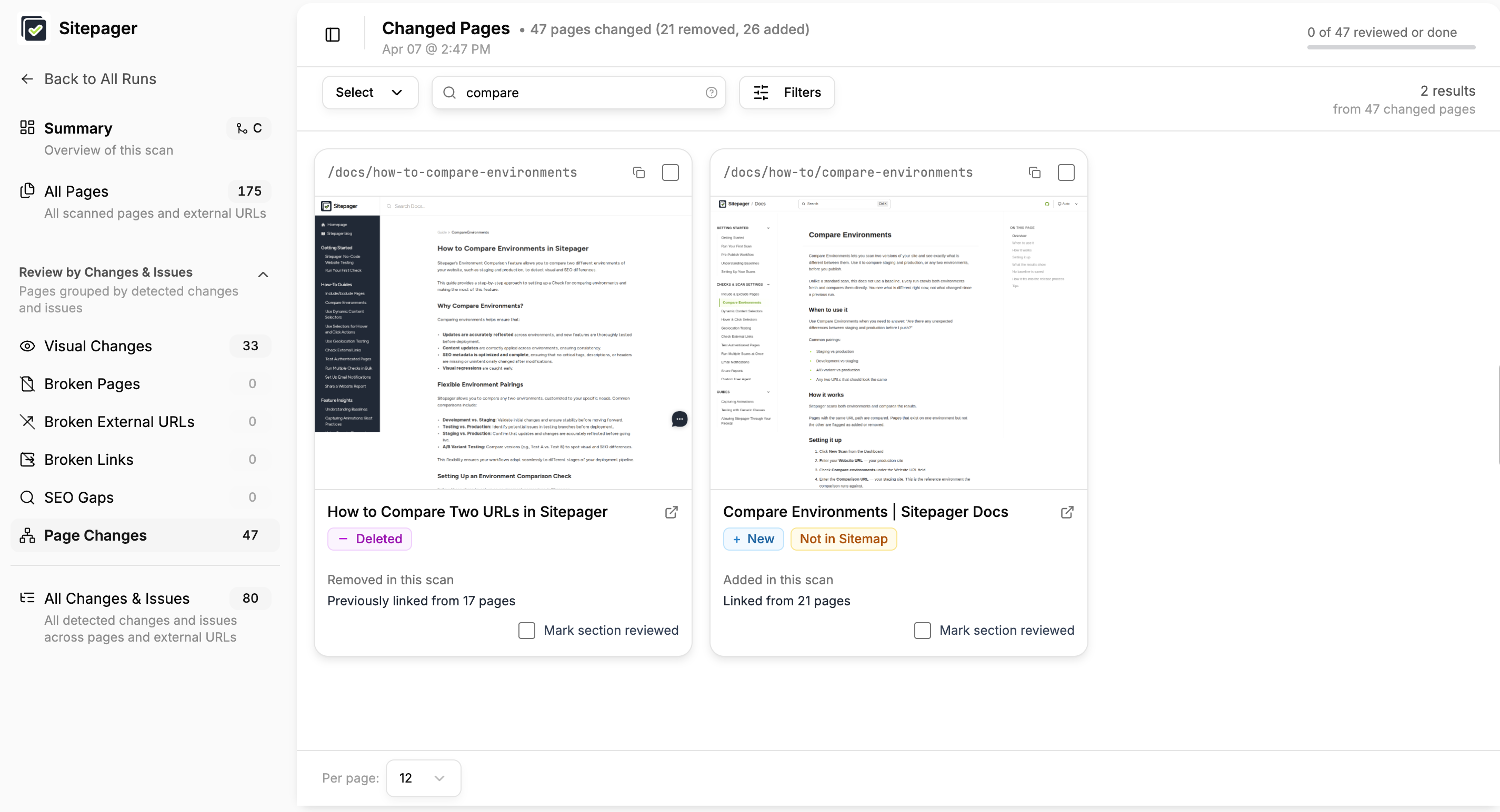 Page Changes view with docs filter showing deleted and new pages side by side with badges