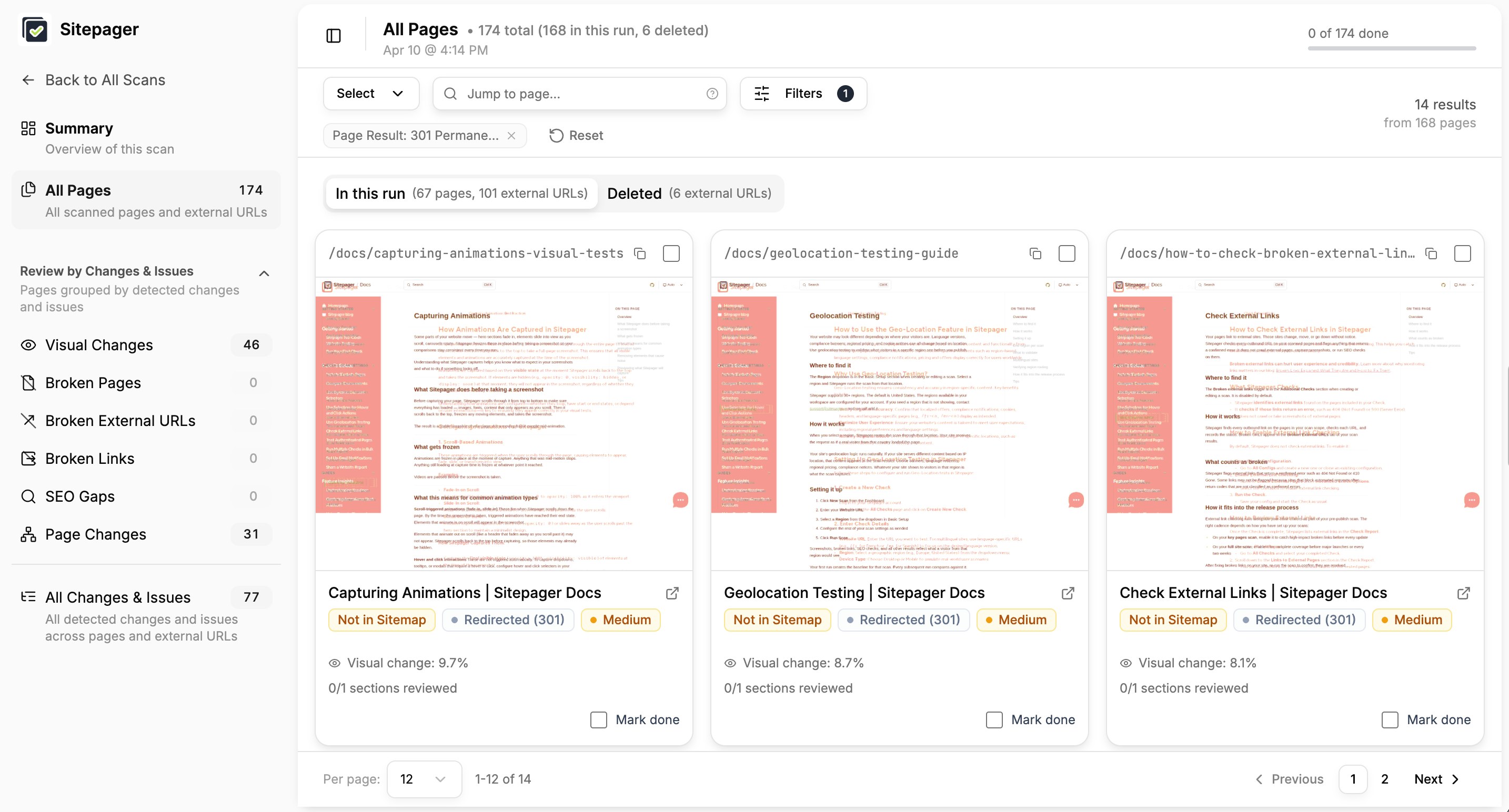 All Pages view filtered by 301 redirects showing old URLs and their redirect destinations