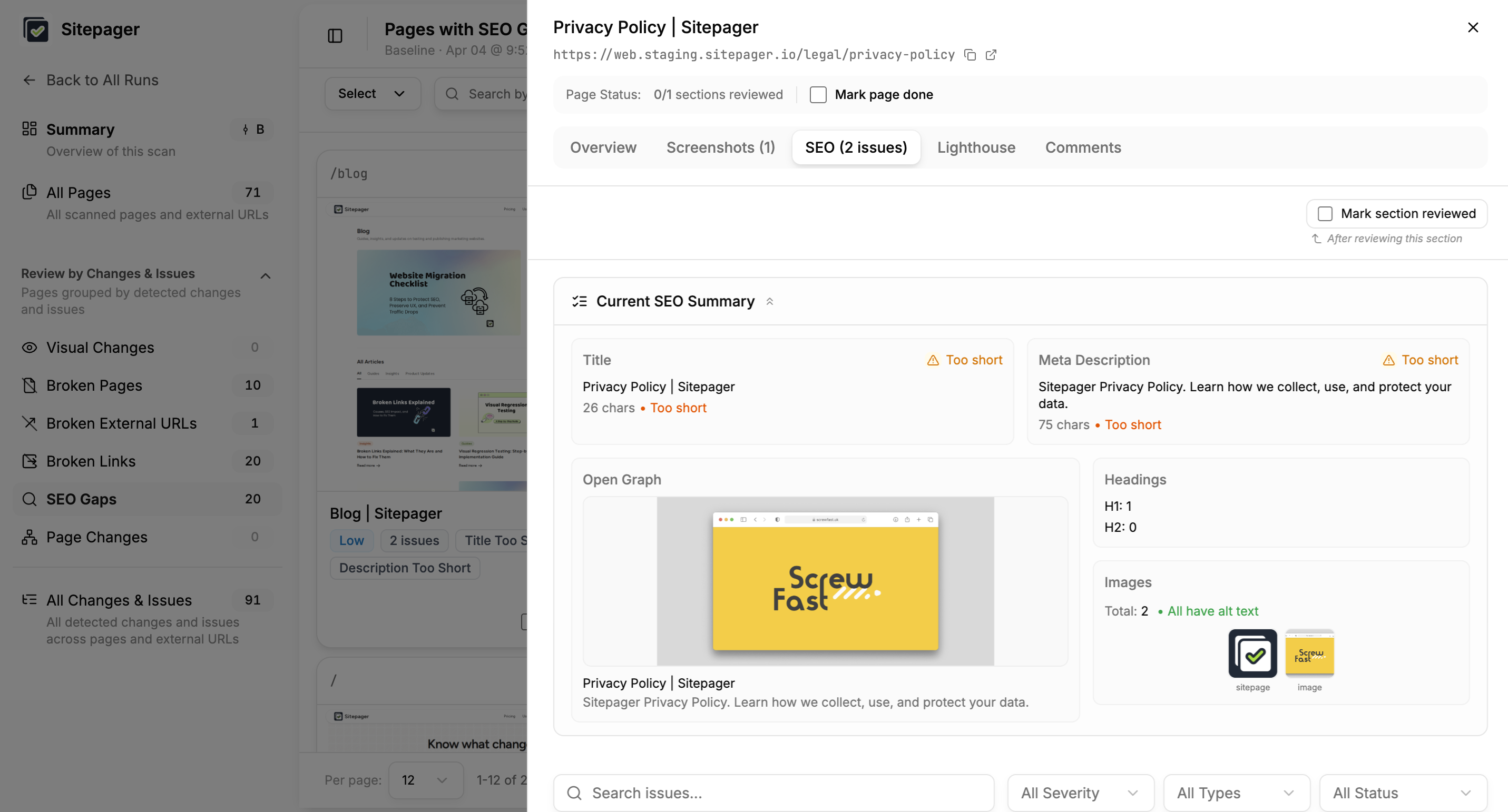 SEO gaps report showing pages with title and description length issues from the staging scan