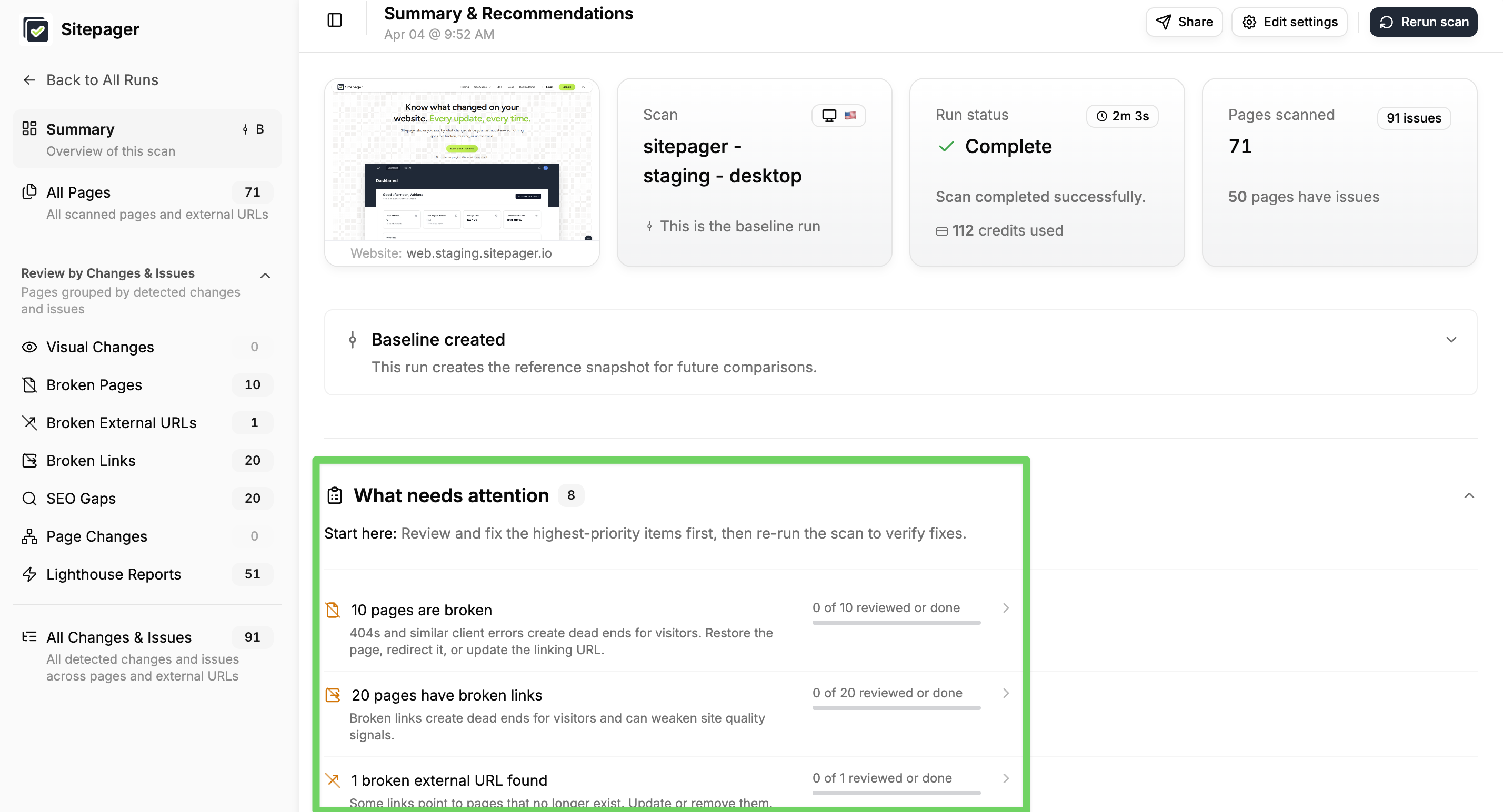 Staging scan results showing broken pages, broken links, and issues that need attention