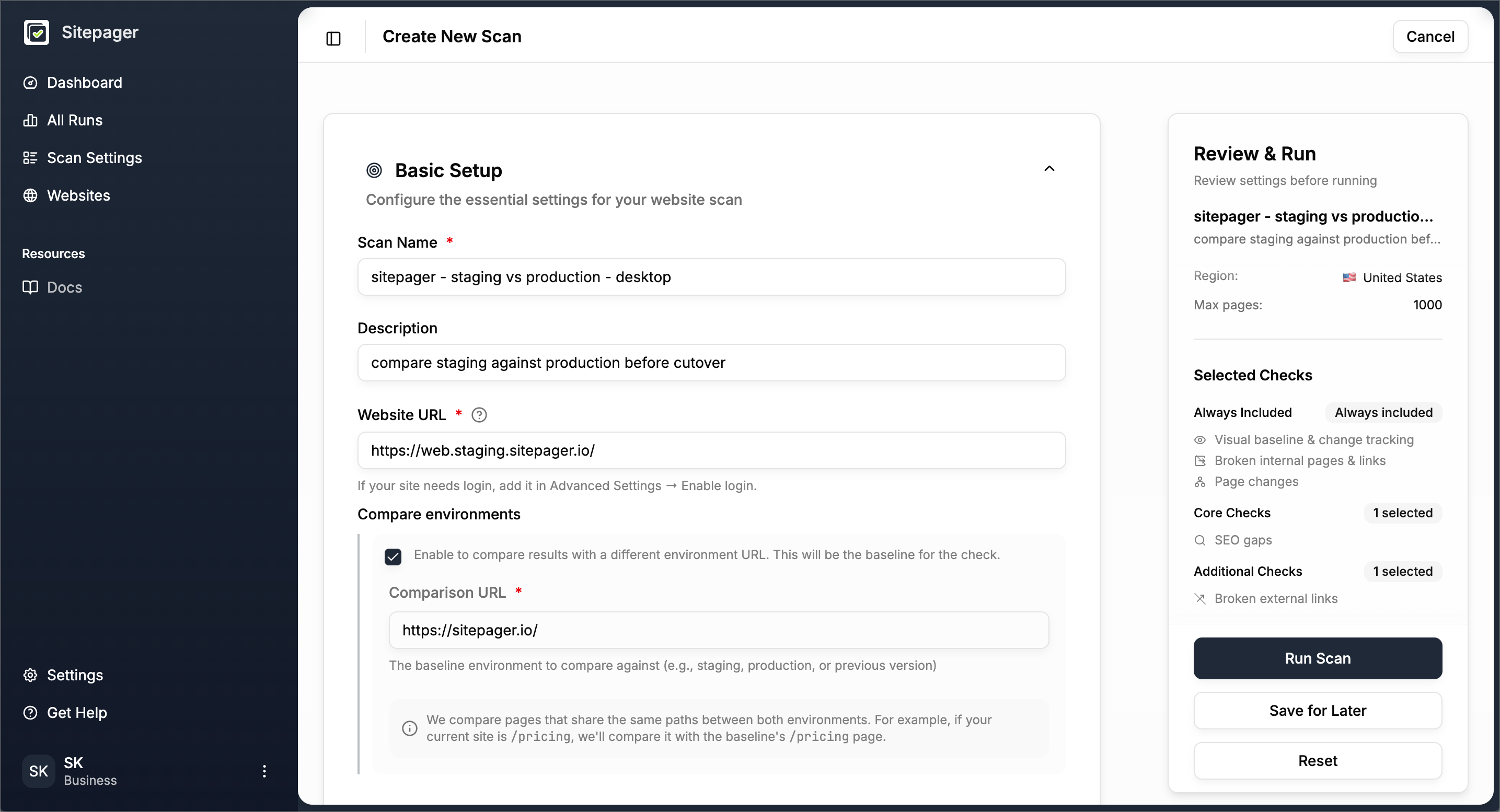 Scan Settings with Compare Environments enabled, staging URL as the website and live site as the comparison