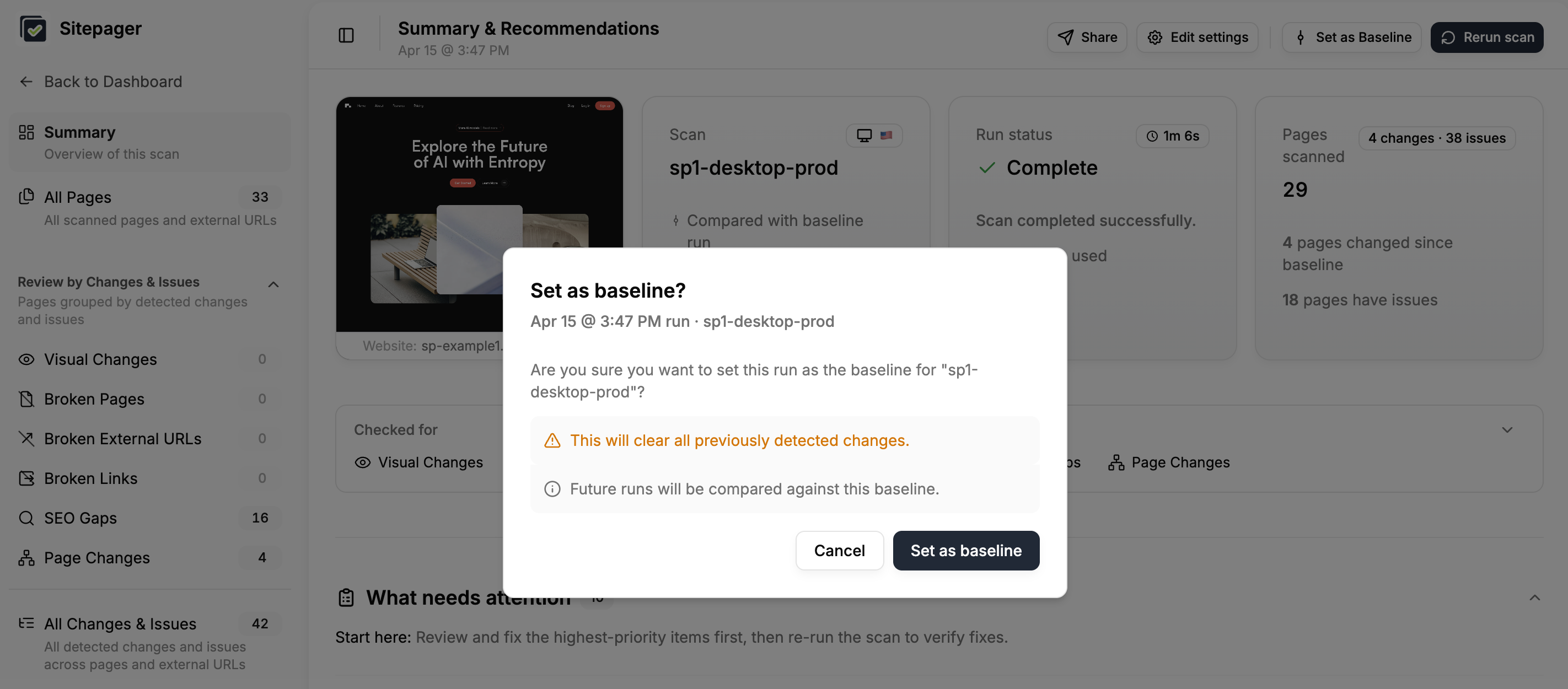 Sitepager dashboard showing a new baseline being set after a clean scan